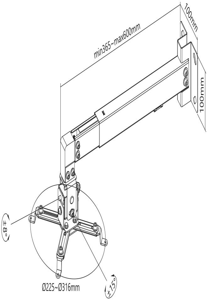 'Disegno tecnico di un braccio a parete regolabile. Mostra le dimensioni: lunghezza minima 365 mm, lunghezza massima 600 mm, altezza 100 mm. Parte rotante con diametro 225-316 mm, inclinazione di 15 gradi.'