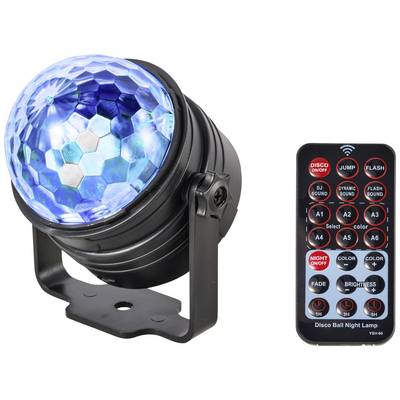 'Lampada da ballo con superficie blu esagonale. Include un telecomando con tasti per impostazioni disco e luci.'