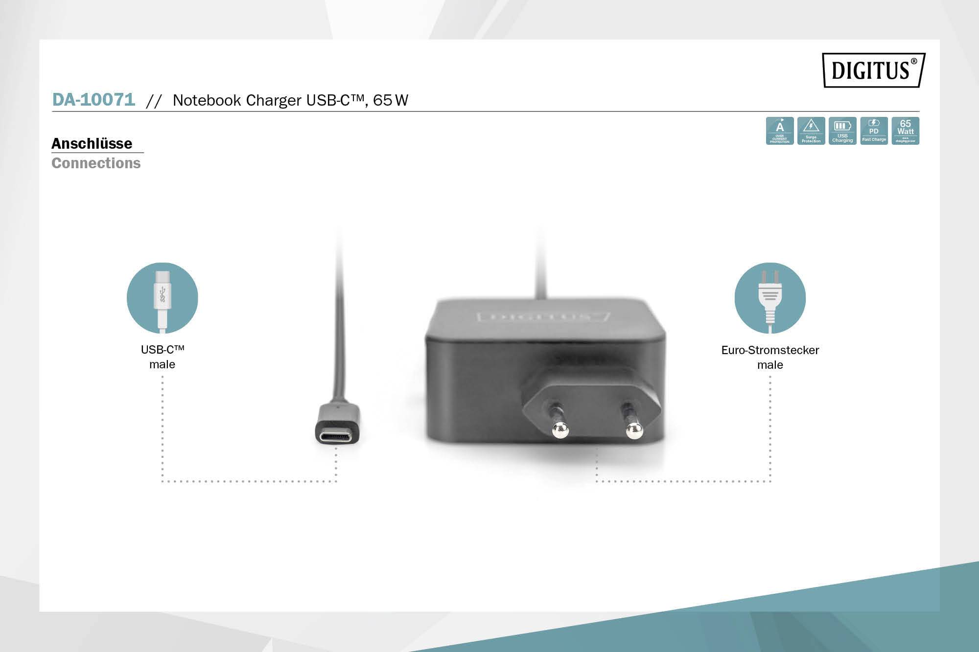 Caricabatterie per notebook, con connettori USB-C e spine Euro, 65 Watt. Dettagli dei connettori: USB-C e spina di alimentazione Euro illustrati.