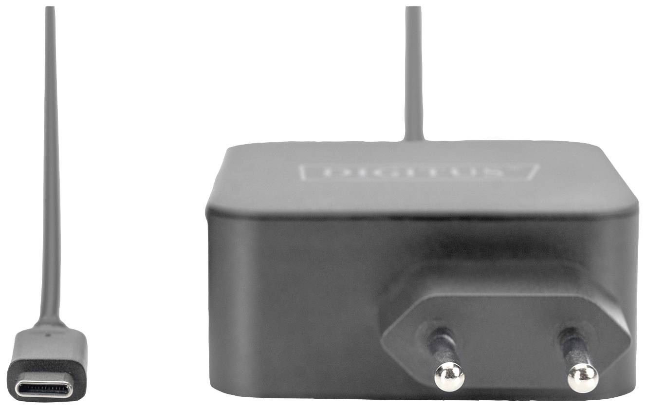 Caricabatterie nero USB-C con due spinotti per prese elettriche europee, cavo visibile a sinistra, vista frontale.