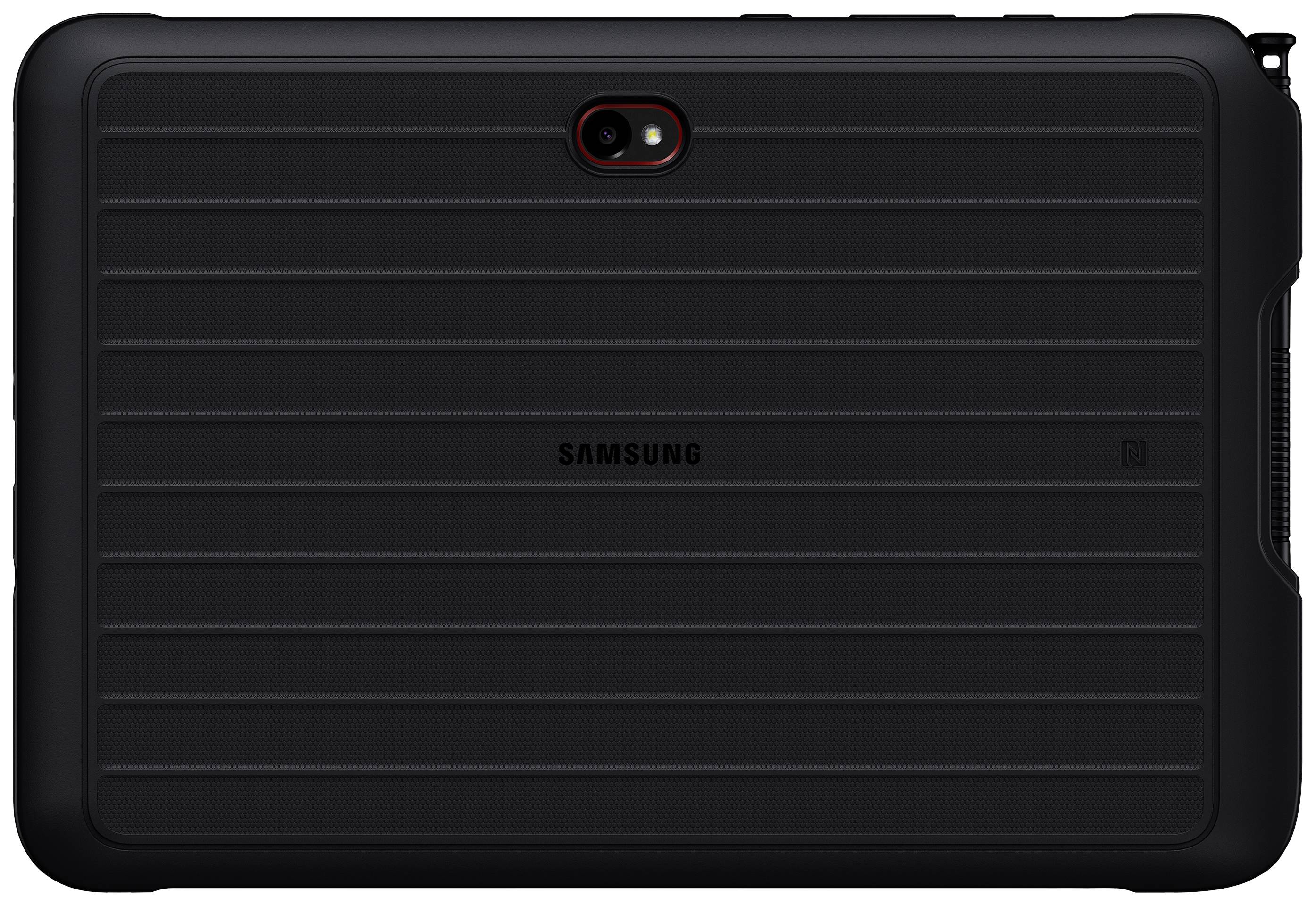 Un tablet Samsung nero con scanalature orizzontali sul retro e una fotocamera posizionata al centro in alto.