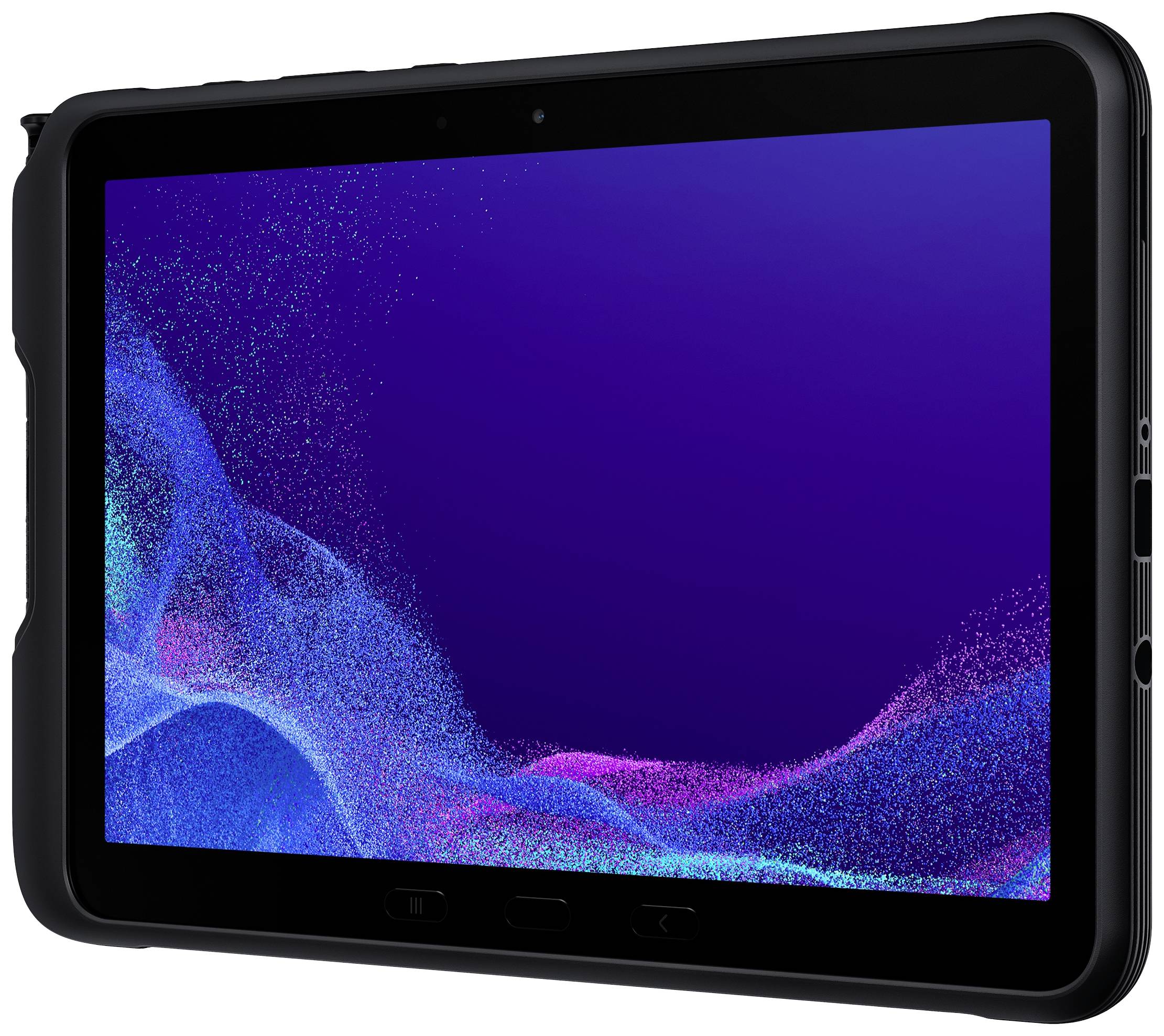 Un tablet nero con uno sfondo astratto blu e viola sullo schermo.