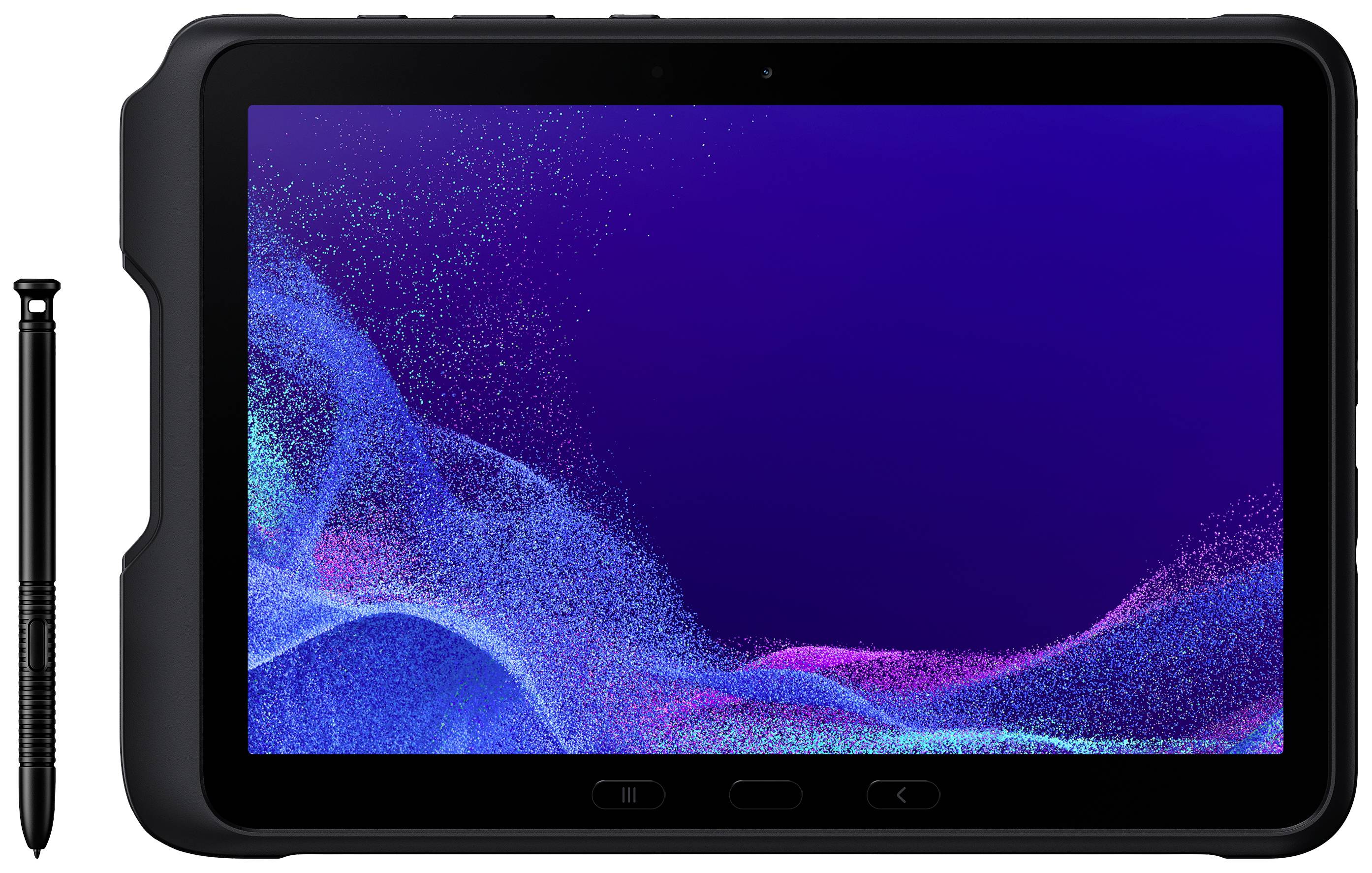 Tablet con cornice nera e pennino rimovibile a sinistra. Lo schermo mostra un pattern astratto blu-viola.
