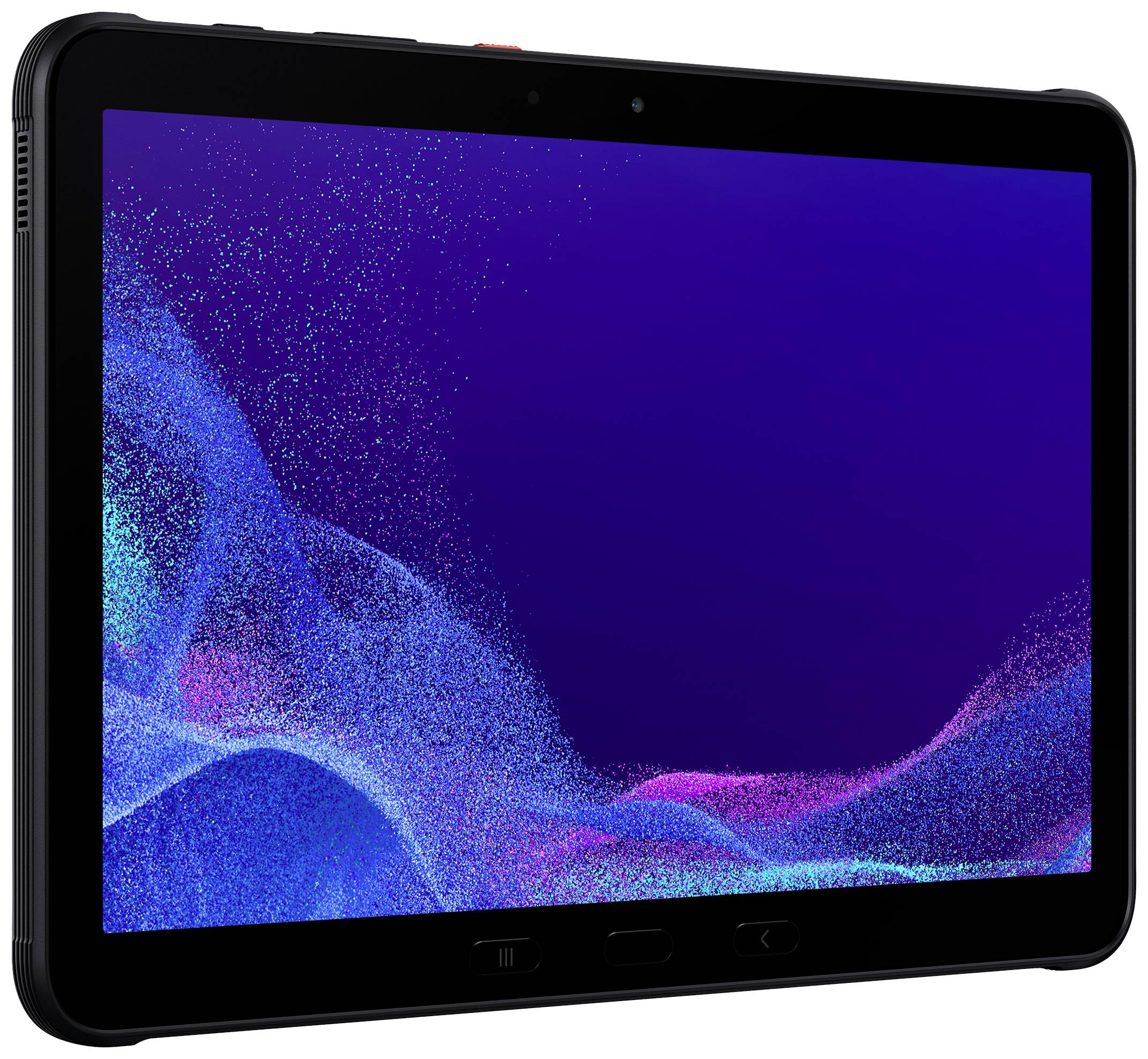 Un tablet con cornice nera e display che mostra onde astratte blu e rosa su uno sfondo blu scuro.