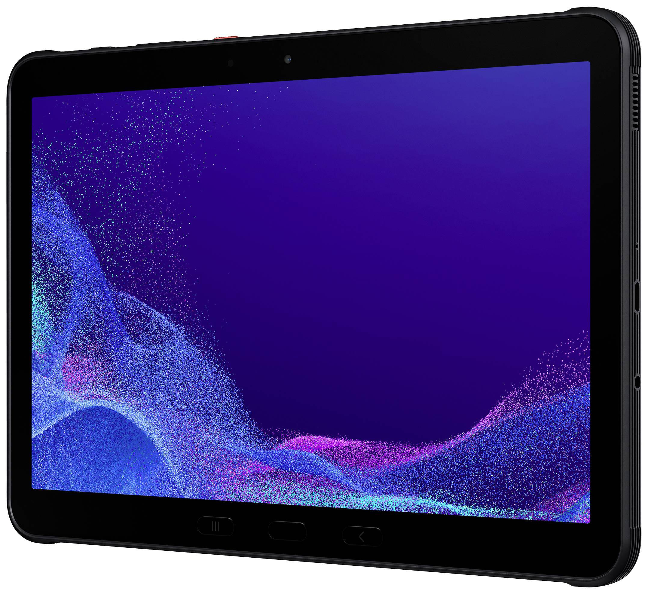 Un tablet nero con uno sfondo dello schermo blu e rosa. Ha un ampio bordo e dei tasti sulla parte frontale.