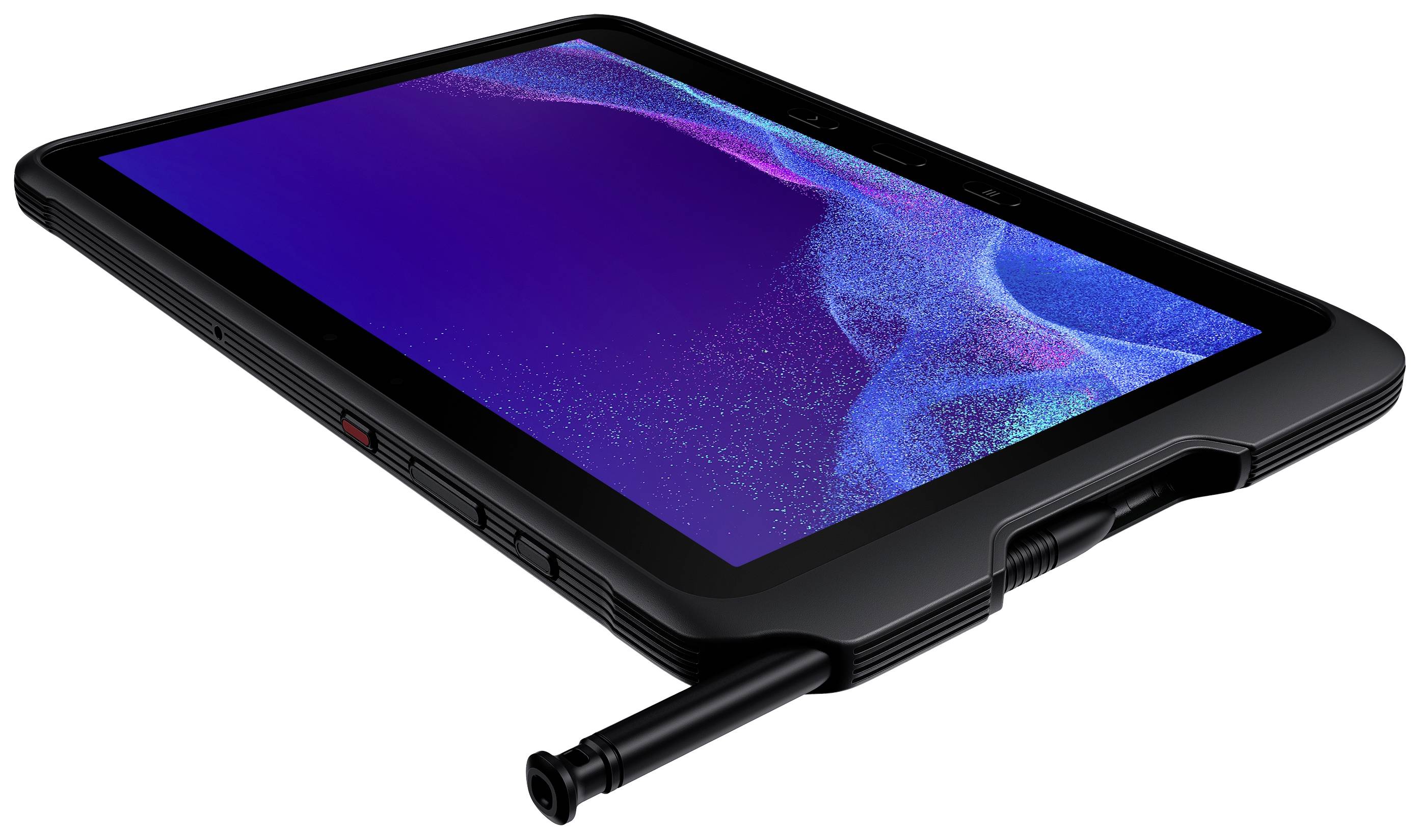 Un tablet robusto con involucro nero e stilo che sporge, mostra uno schermo luminoso con motivi di colore blu e viola.