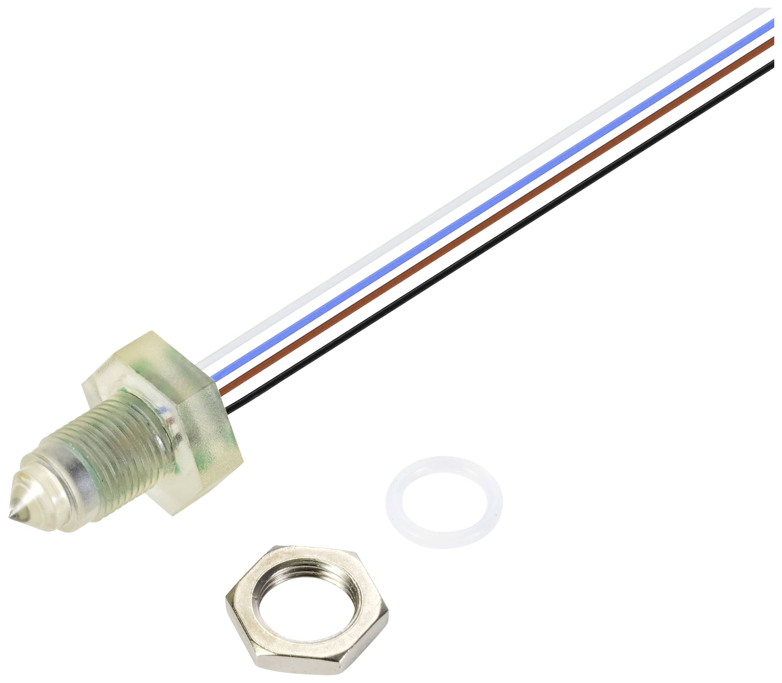 Un sensore cilindrico con cavo multicolore e dadi di fissaggio. Idoneo per applicazioni tecniche ed elettroniche.