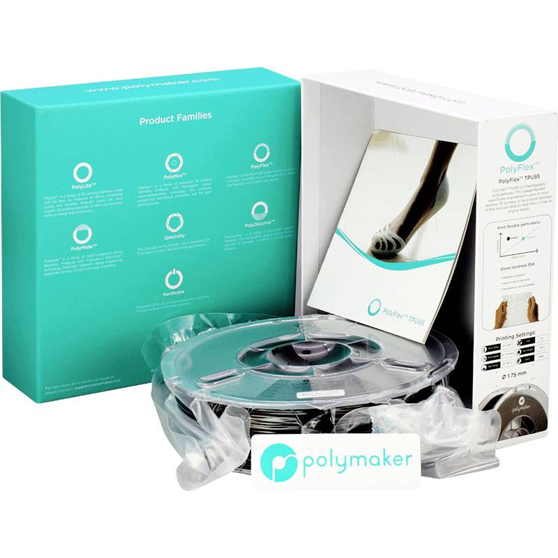Confezione aperta per filamenti di stampanti 3D di Polymaker. Un rotolo di filamento è visibile. La confezione mostra i tipi di filamento.