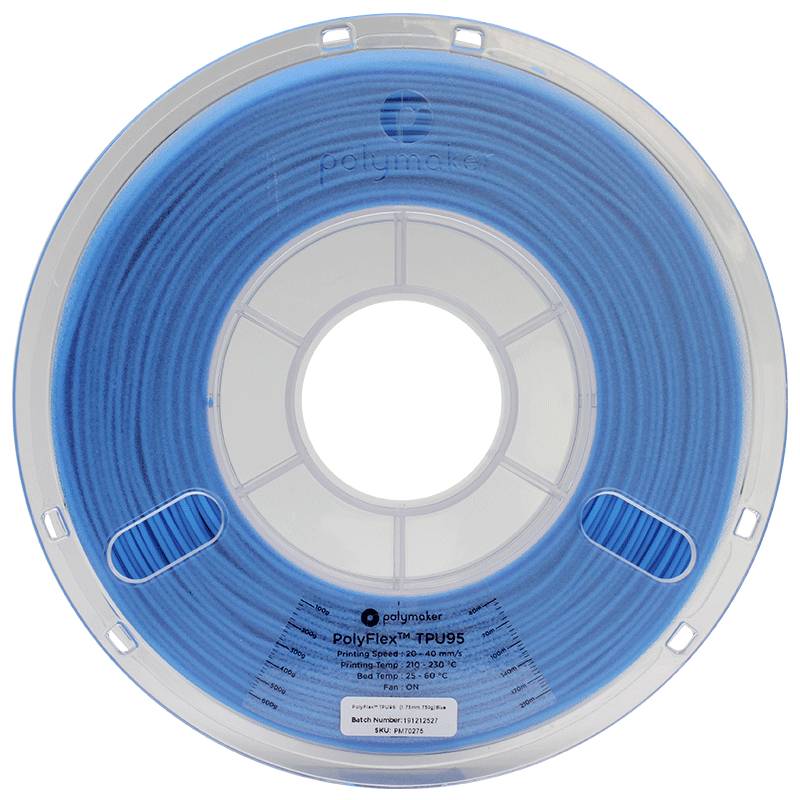 Rullo con filamento blu PolyFlex TPU95 per stampanti 3D. L'etichetta mostra dettagli del materiale e informazioni di compatibilità.