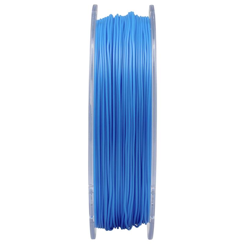 Una bobina di filamento blu, comunemente utilizzata per stampanti 3D, in posizione verticale.
