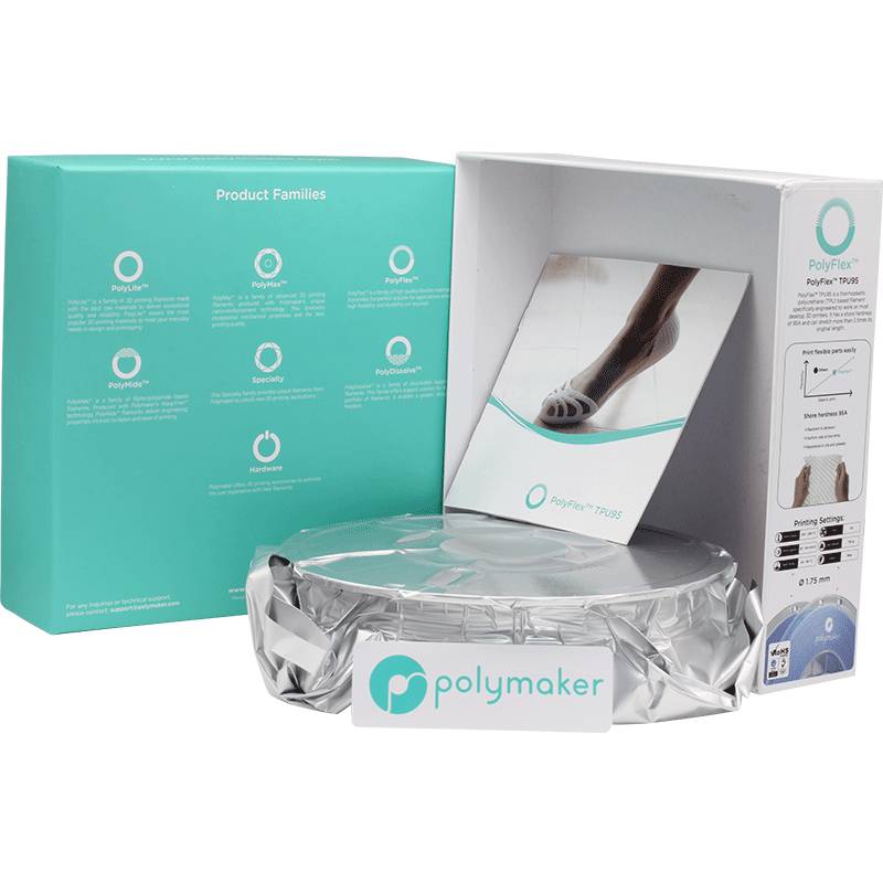 Una scatola di filamento per stampante 3D PolyFlex di Polymaker. Accanto alla scatola è adagiata una bobina del filamento in confezione argentata.