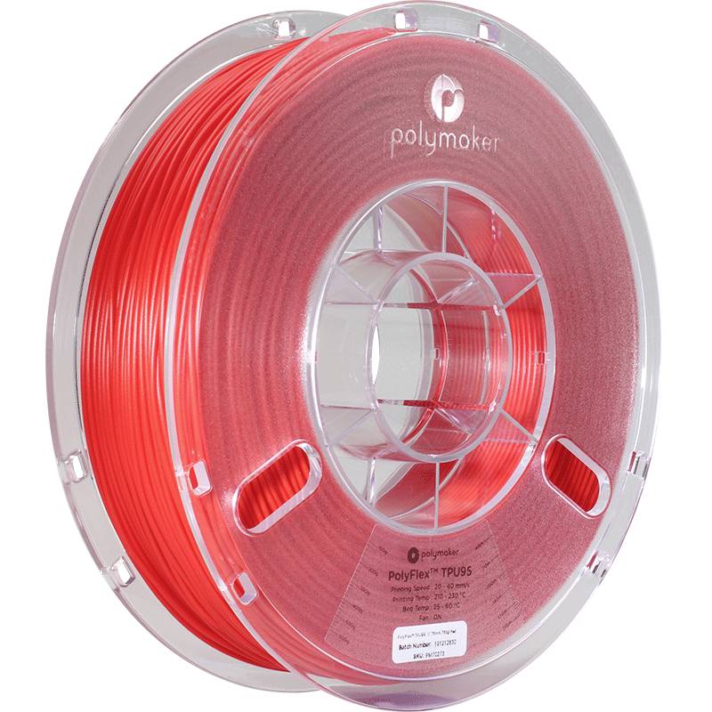 Una bobina rossa di filamento per stampante 3D del marchio 'Polymaker', adatta per stampe flessibili. Principalmente per applicazioni PolyFlex TPU95.