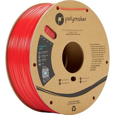 Rotolo di filamento per stampa 3D rosso del marchio Polymaker. Sull'etichetta è scritto 'PolyLite ABS'. Riciclabile, informazioni in lingua inglese.