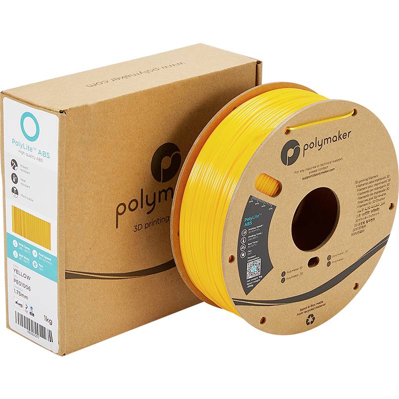 Una bobina di filamento giallo per stampante 3D accanto a una confezione di cartone del marchio Polymaker, modello PolyLite ABS.
