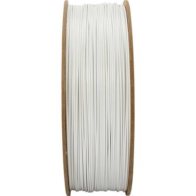 Un rotolo di filamento per stampante 3D bianco, avvolto su un rocchetto di legno, visto di lato.