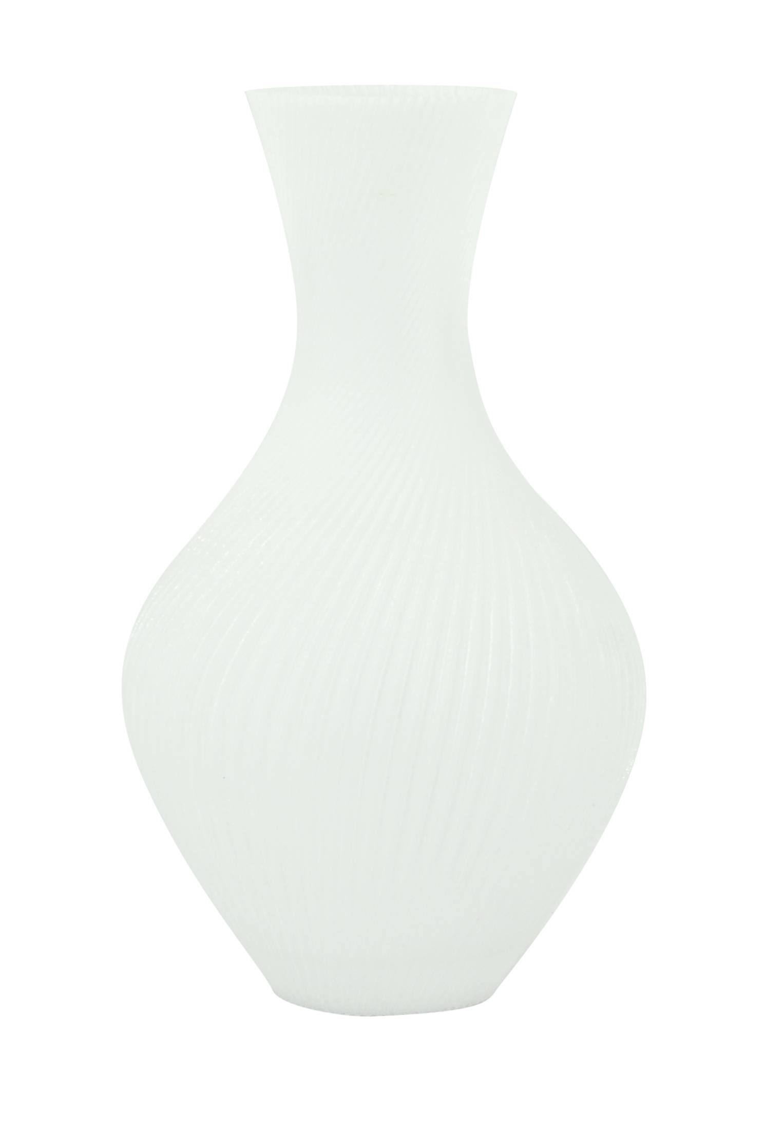 Un vaso sottile, bianco con un design elegante e panciuto su uno sfondo neutro.