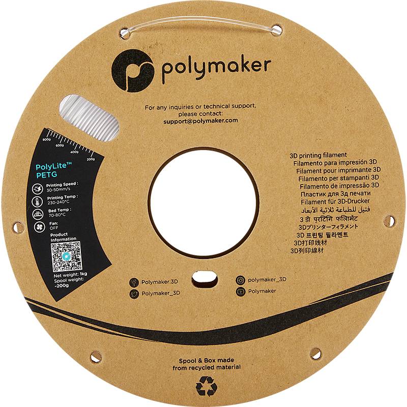 Una bobina di filamento 'Polymaker', etichettata 'PolyLite PETG'. Sulla bobina sono visibili informazioni sul materiale e i dati di contatto.