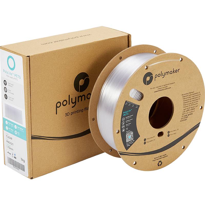 Un rocchetto di filamento per stampante 3D PETG di Polymaker e la sua confezione. Il filamento è trasparente. La confezione mostra i dettagli del prodotto.