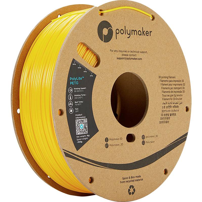Rotolo di filamento per stampante 3D giallo del marchio Polymaker, modello PolyLite PETG, che mostra dettagli sul materiale, peso e informazioni di contatto.
