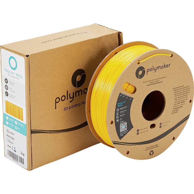 Un rotolo di filamento per stampa 3D giallo di Polymaker davanti a un imballaggio di cartone.