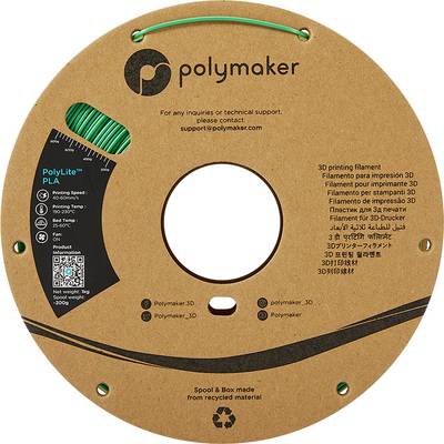 Bobina realizzata con materiale riciclato, stampata con 'PolyLite PLA 3D-Filament'. Colore principale verde. Contiene informazioni di contatto.