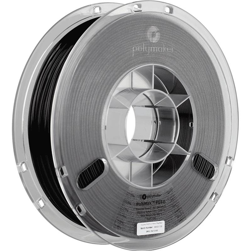 Una bobina trasparente in plastica con filamento grigio per stampanti 3D, su cui è scritto 'Polymaker PolyMax PETG' e specifiche tecniche.