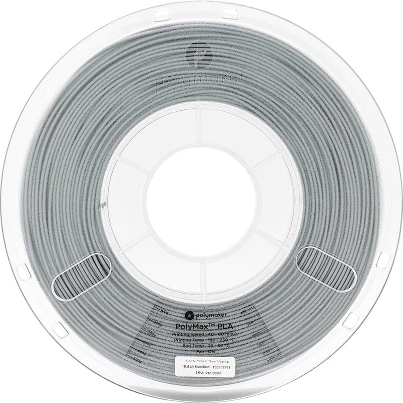 Bobina di filamento PLA "PolyMax" grigio della marca Polymaker, visibile attraverso l'imballaggio trasparente.