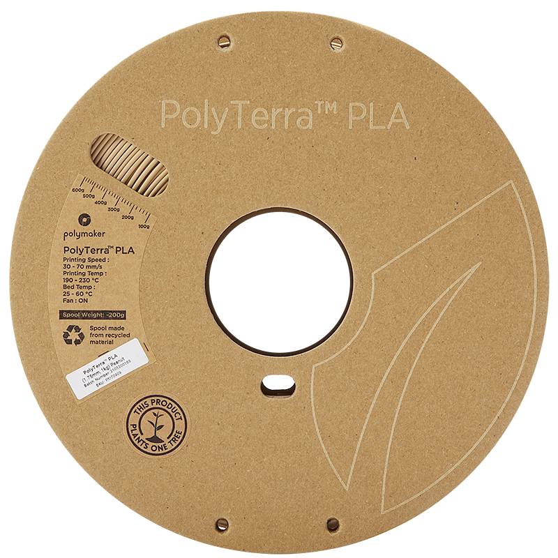 Bobina circolare in materiale riciclato, con stampa 'PolyTerra PLA', scala graduata, con indicazione 'Questo prodotto pianta un albero'.