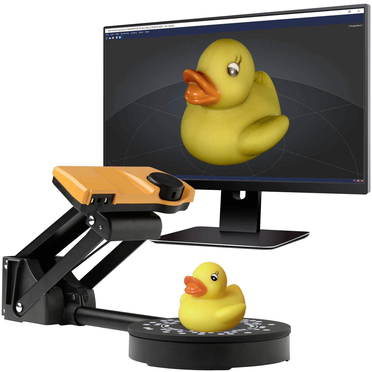 Uno scanner 3D acquisisce un modello di paperella di gomma gialla. Su un monitor viene visualizzata la rappresentazione 3D scansionata dell'anatra.