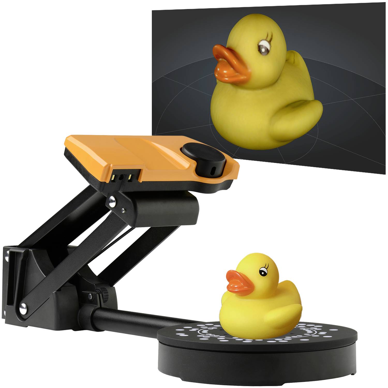 Uccello di plastica giallo viene acquisito da uno scanner 3D. Sul monitor è visibile il modello 3D scansionato.