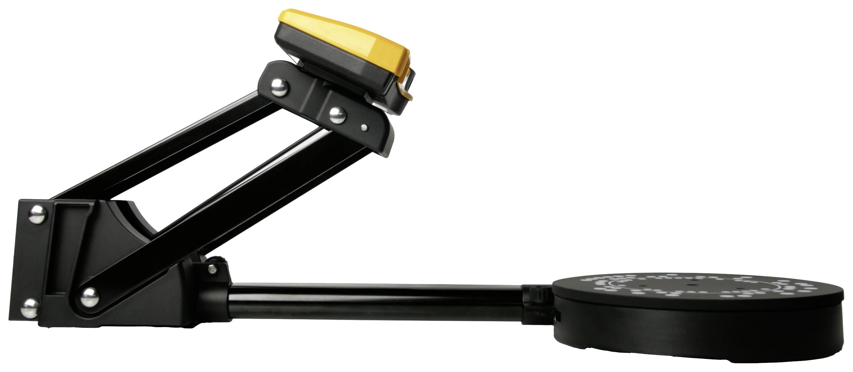 Braccio di un metal detector con custodia nero-dorata e testa di ricerca circolare, posizionato orizzontalmente su sfondo bianco.