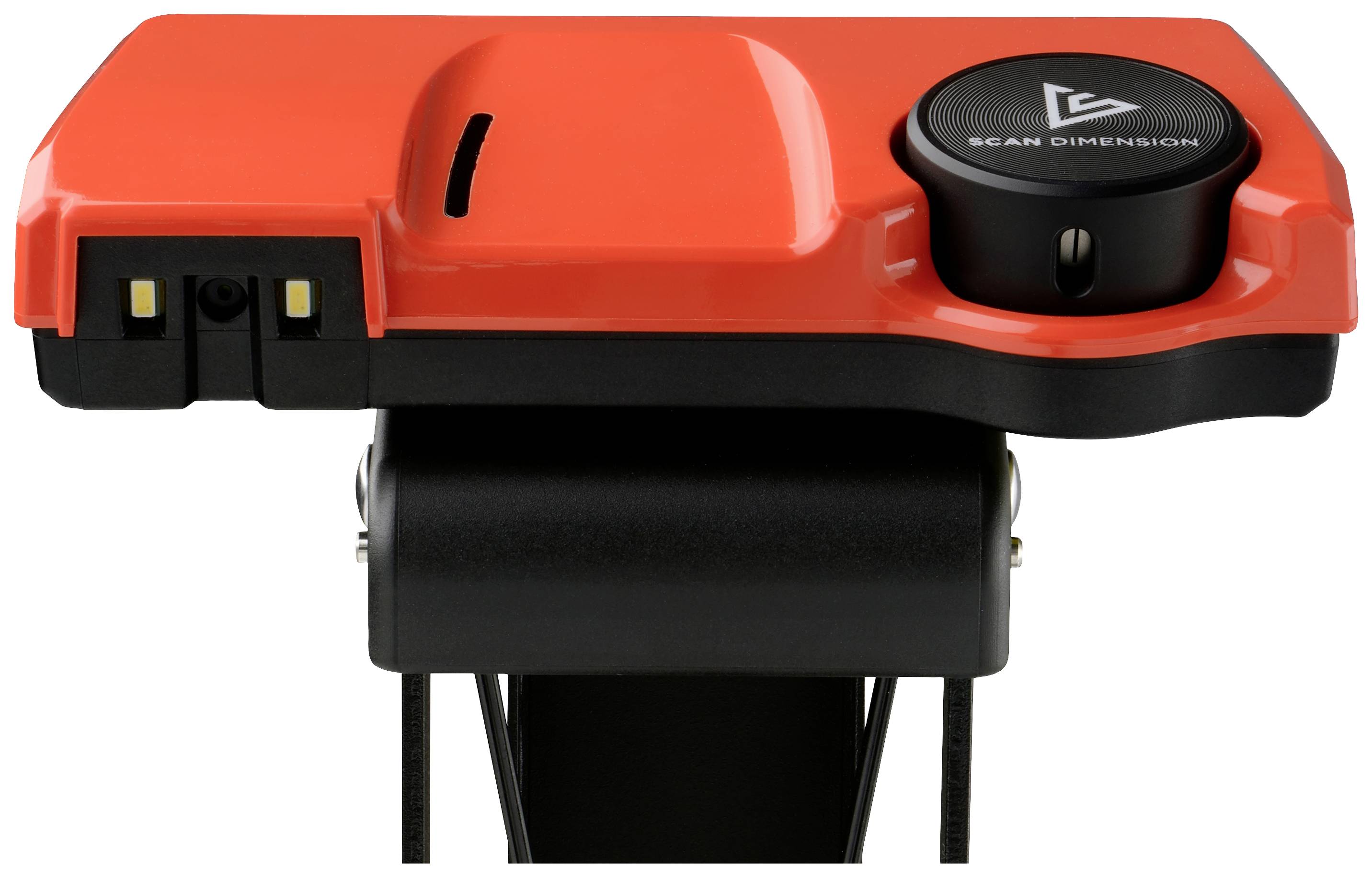 Un piccolo scanner 3D rosso con base nera e un elemento di scansione circolare. Ideale per misurazioni precise e acquisizioni digitali.