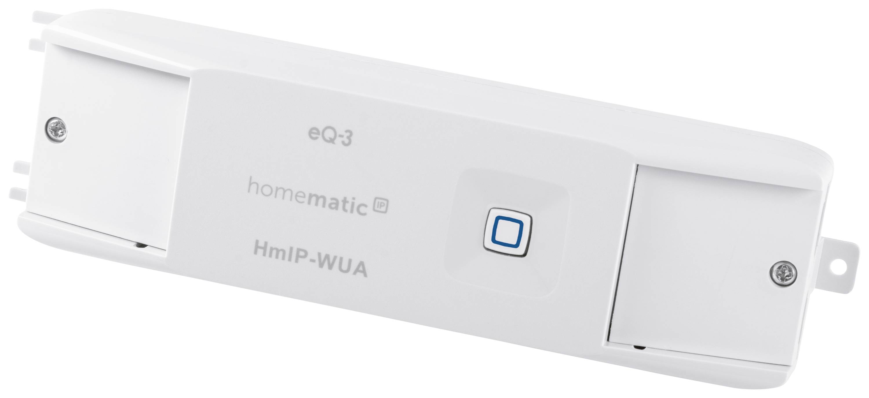 Barra dei sensori bianca con pulsante blu centrale, contrassegnata con 'HmIP-WUA'. A sinistra e a destra sono presenti coperture fissate con viti.