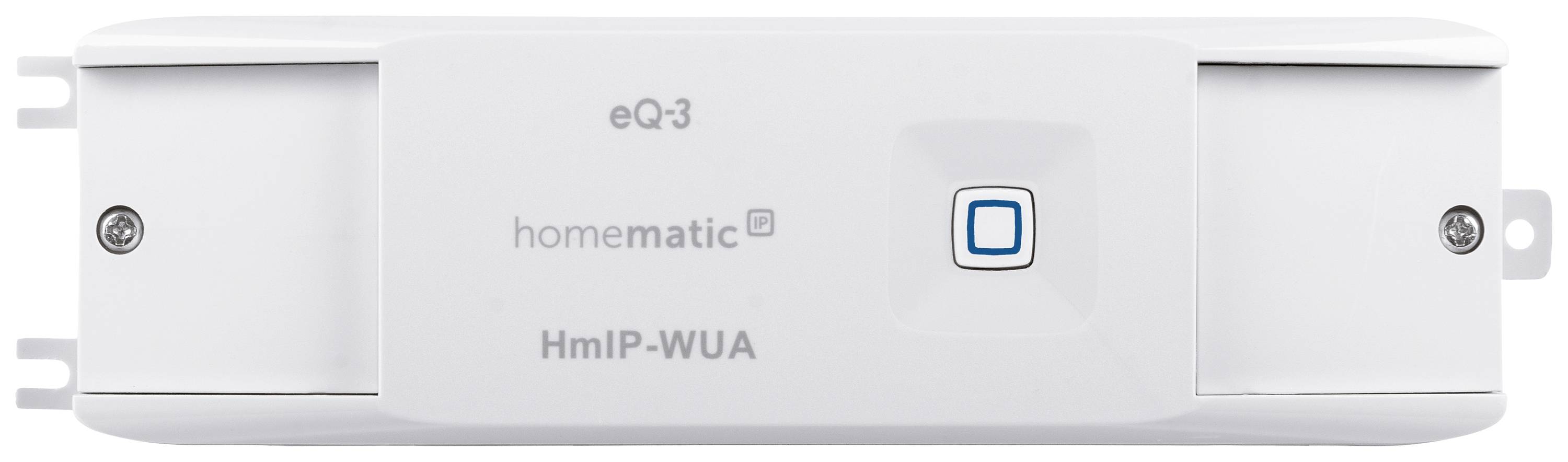 Dispositivo Smart Home con scritta 'eQ-3 homematic HmIP-WUA' e un pulsante blu al centro, utilizzato per il controllo dei dispositivi.