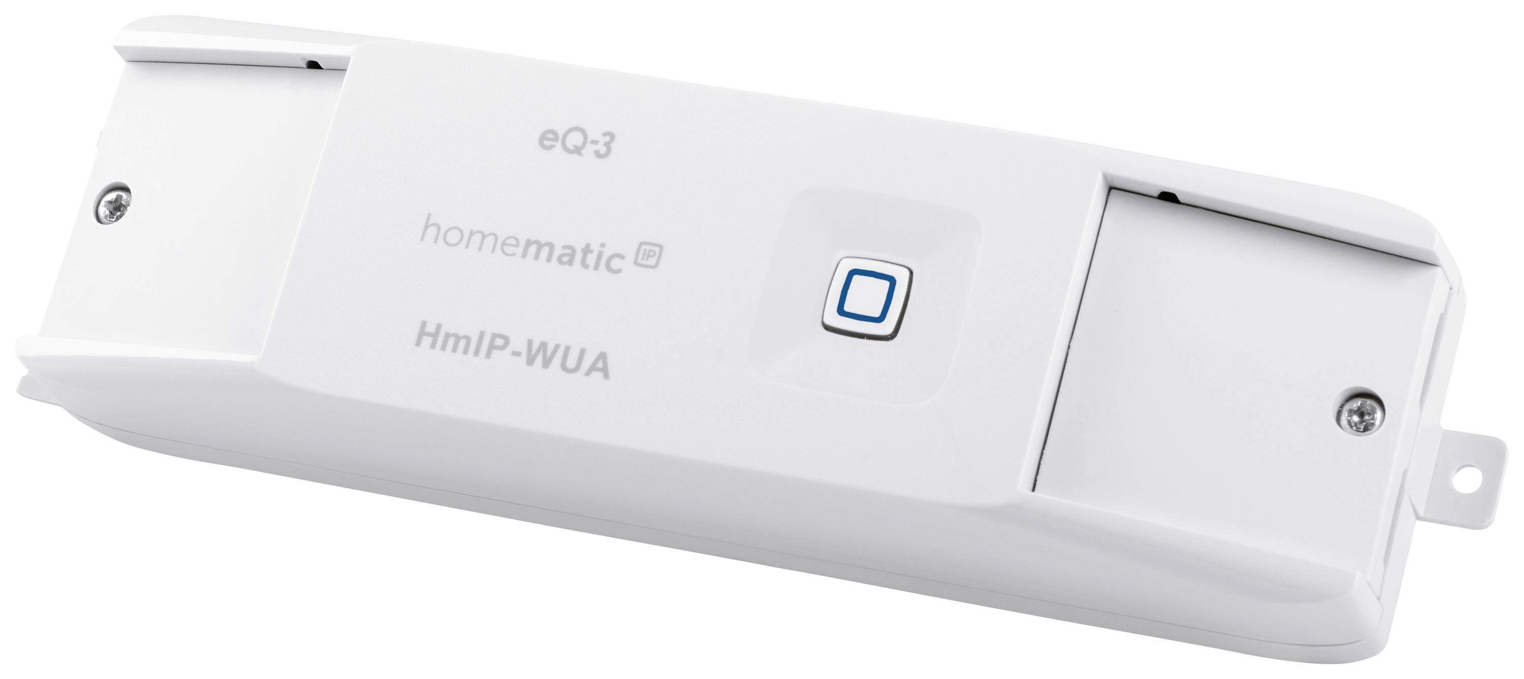 Un dispositivo Homematic IP bianco con la scritta 'HmIP-WUA' e un pulsante quadrato al centro.