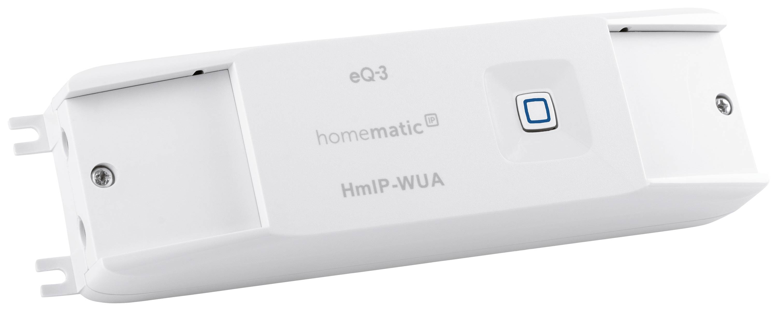 Un dispositivo bianco con la denominazione 'HmIP-WUA', un pulsante quadrato blu e la scritta del marchio 'homematic IP'.