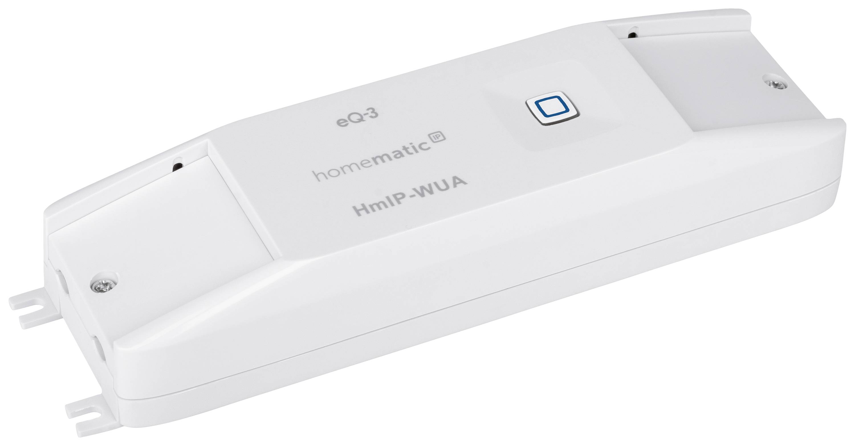 Un dispositivo di comando a parete Homematic IP bianco con un tasto quadrato al centro, utilizzato per controllare funzioni domotiche.