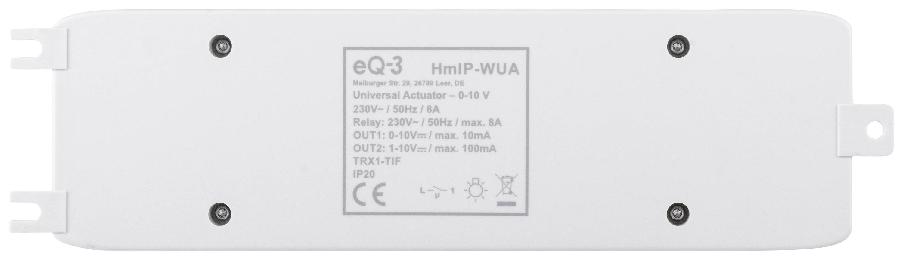 Un attuatore universale bianco con numero di modello HmIP-W-DRI1 di eQ-3. I dettagli tecnici e le specifiche elettriche sono stampati.