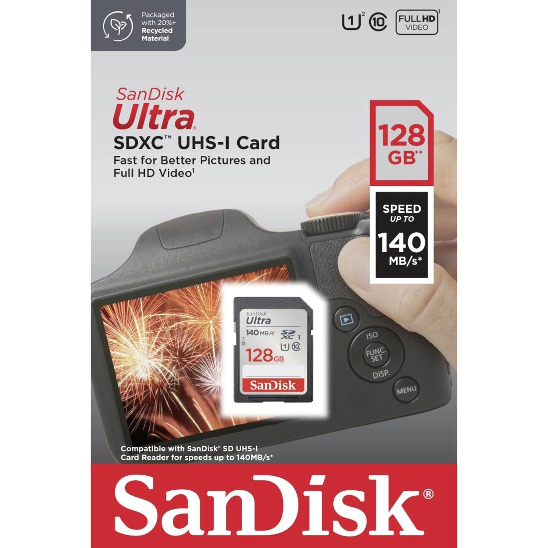 'SanDisk Ultra SDXC UHS-I 128GB Card. Velocità fino a 140 MB/s. Ideale per immagini di qualità e video Full HD.'