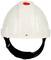 Un casco protettivo bianco con un bottone rosso sulla sommità e cinturino nero regolabile sotto il mento.