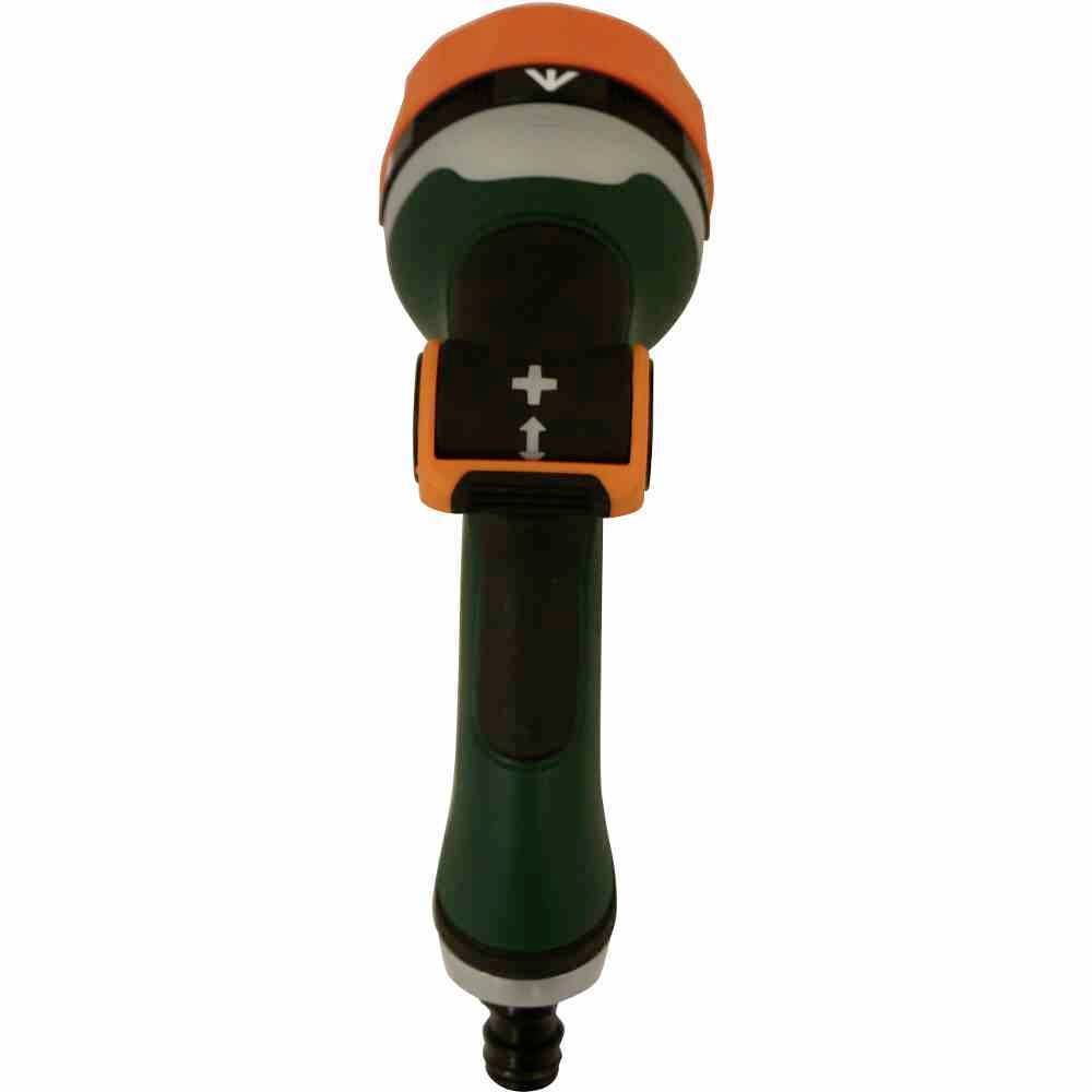 Doccia da giardino con impugnatura verde e testa arancione, simbolo di regolazione del flusso d'acqua e con testata regolabile.