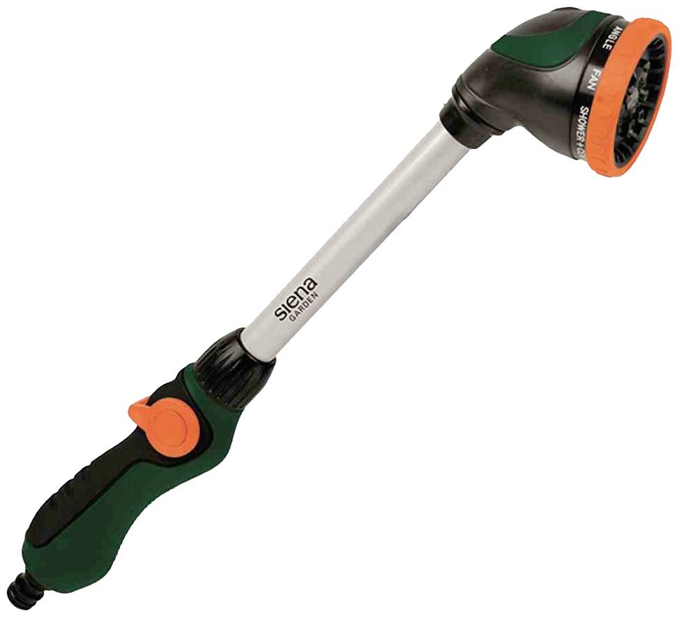 Doccetta da giardino con manico lungo, colore verde-nero, elemento di comando arancione. Adatta per irrigare zone di piante difficilmente raggiungibili.