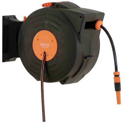 Avvolgitubo da giardino con accento arancione e tubo collegato, montato su un supporto a parete.