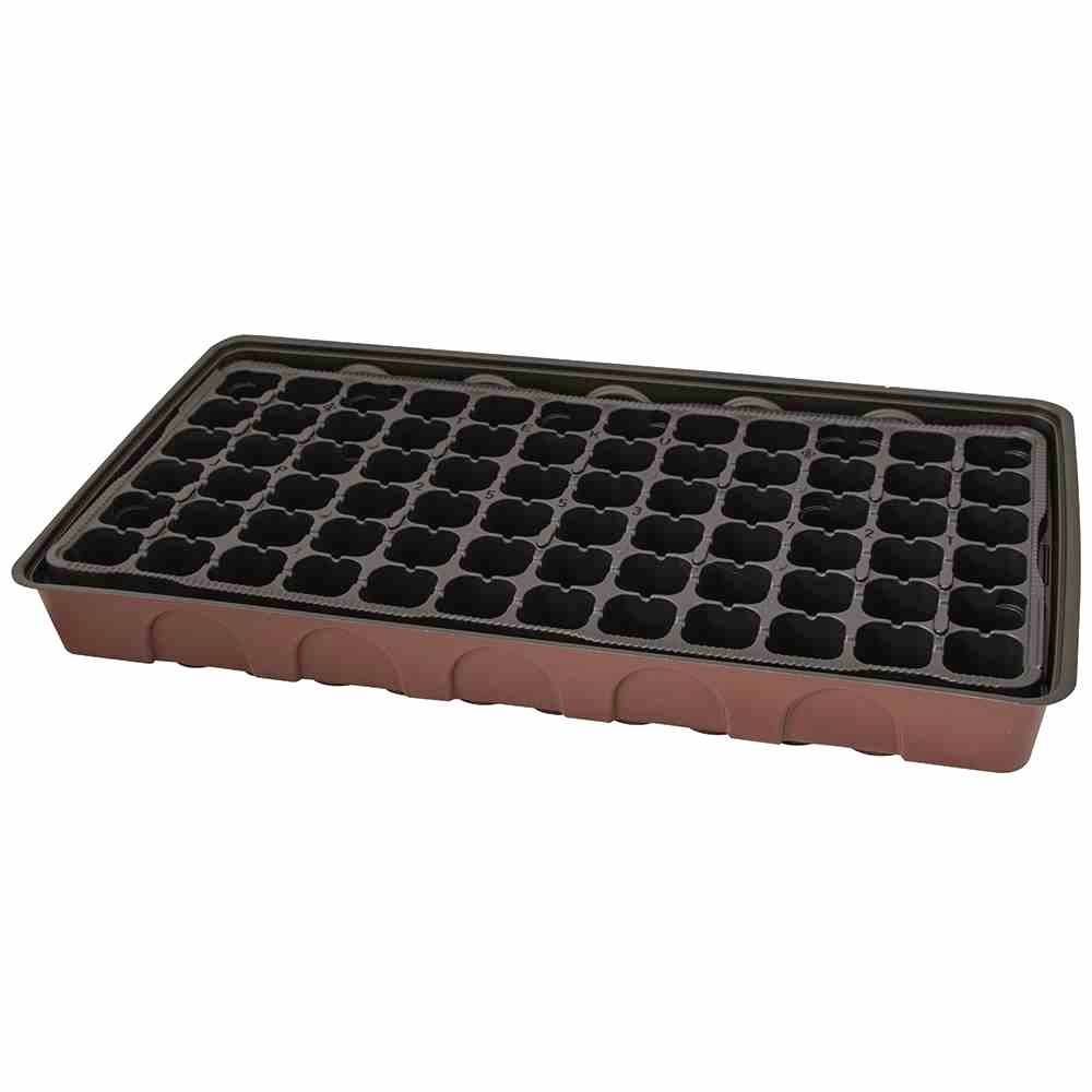 Vassoio per la semina con 60 vasi neri, ideale per la coltivazione di piante. Contenitore color marrone-rosso offre molti spazi per seminare.