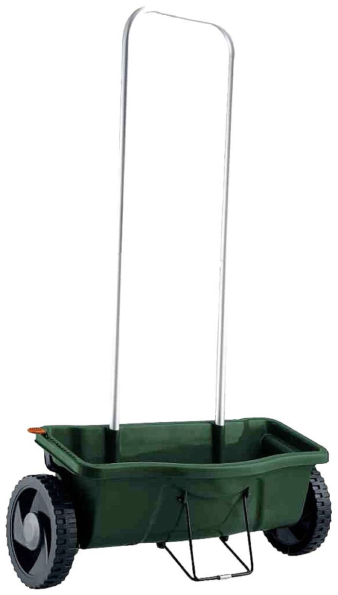 Un carrello spandiconcime verde, manuale, con due ruote nere e un lungo manico argentato, utilizzato per distribuire fertilizzante o semi.