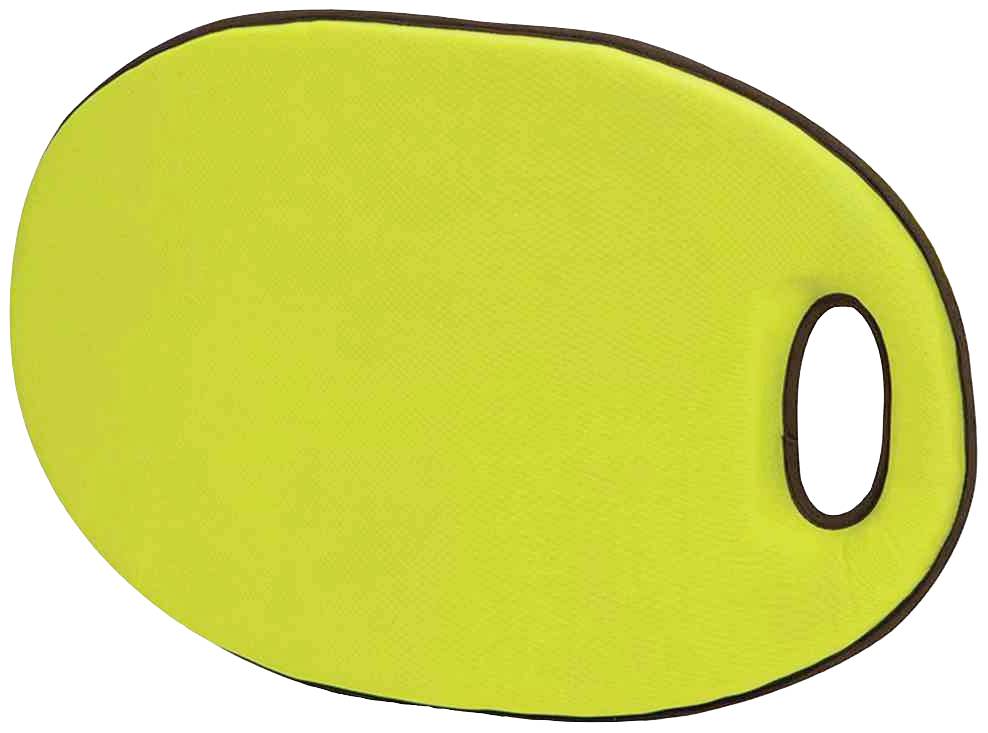 Un cuscino ovale per ginocchia, di colore giallo con bordo marrone e un foro per la presa, adatto per lavori di giardinaggio o attività simili.