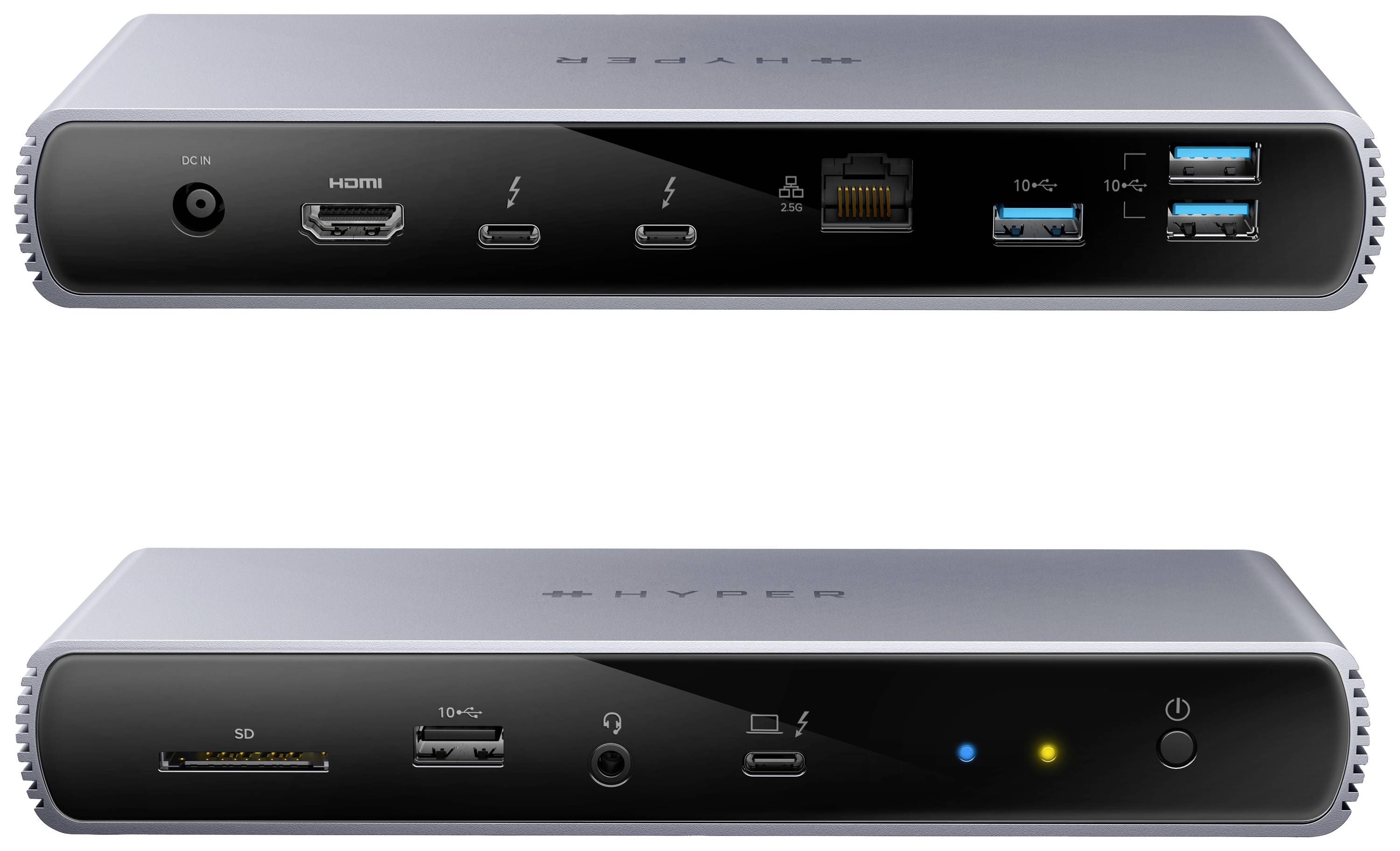 Un dock argentato con varie porte: porta di alimentazione, HDMI, Thunderbolt, Ethernet, porte USB, lettore di schede SD.