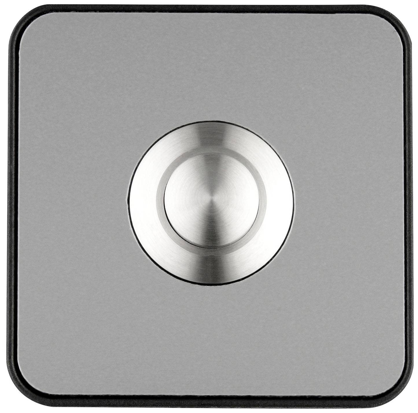 Un interruttore quadrato grigio con un bottone rotondo argentato al centro. Design semplice e moderno.
