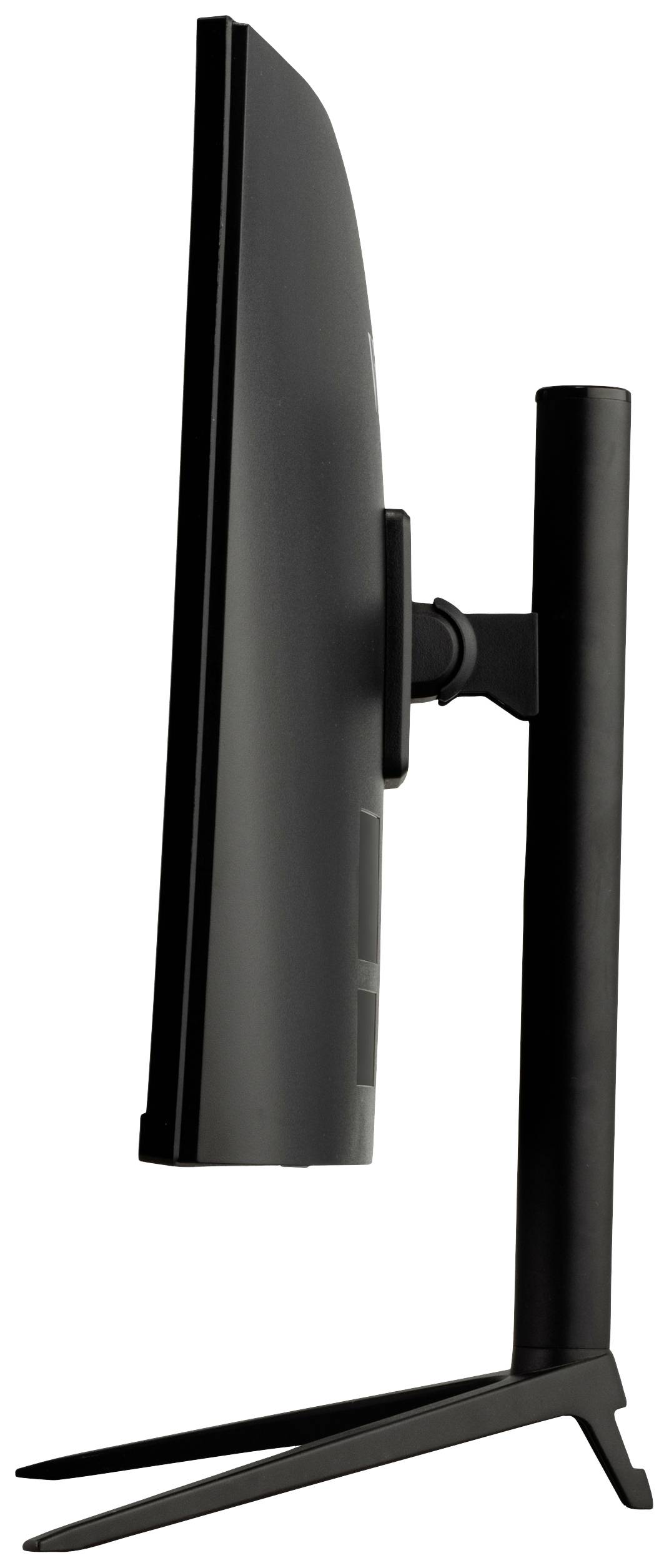 Un monitor a schermo piatto in vista laterale. Il monitor è sottile e montato verticalmente su un supporto stabile.