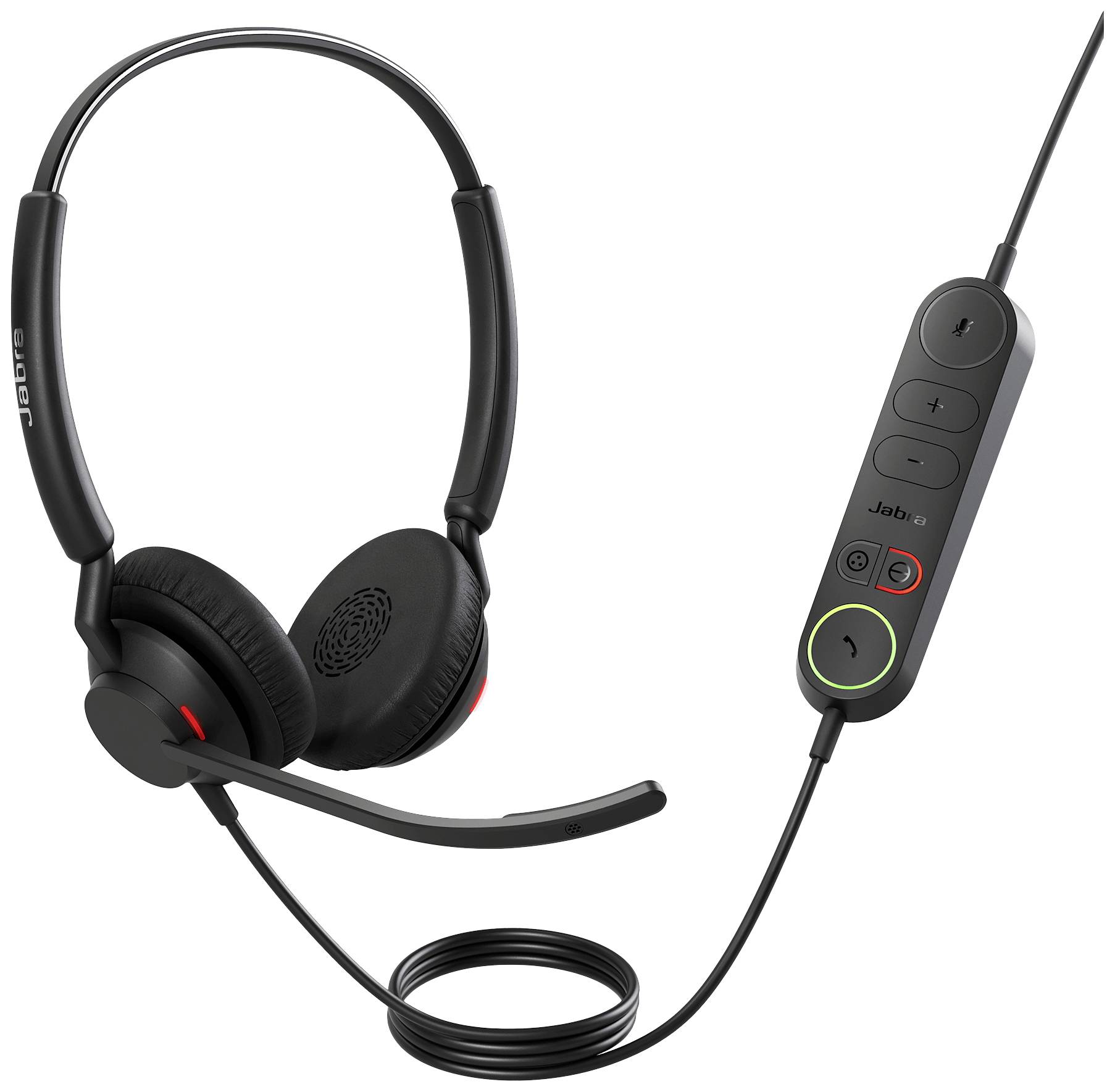 Cuffie con microfono cablato, padiglioni auricolari imbottiti, comandi per la regolazione del volume e il muto sul cavo.